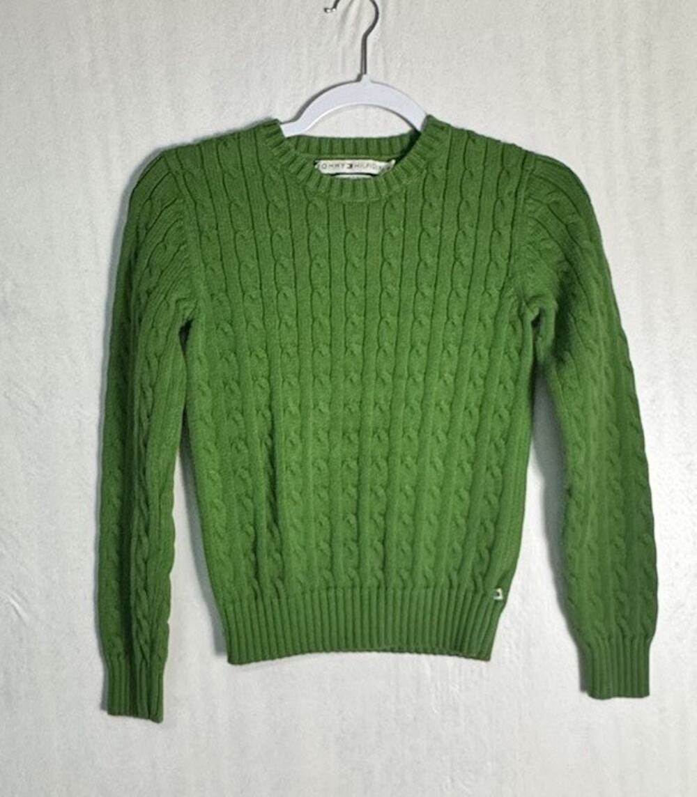 Y2K Tommy Hilfiger Womens Green Cable Knit Sweater Vintage Old Money Preppy Sz S